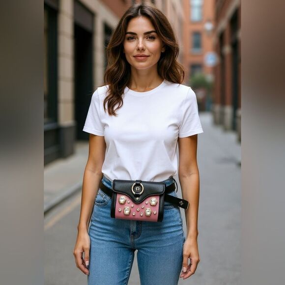 Etienne Aigner Fiorentin Leather Waist Bag Black Pink Bijoux Body Bag NWT DUSTBA - Picture 3 of 10